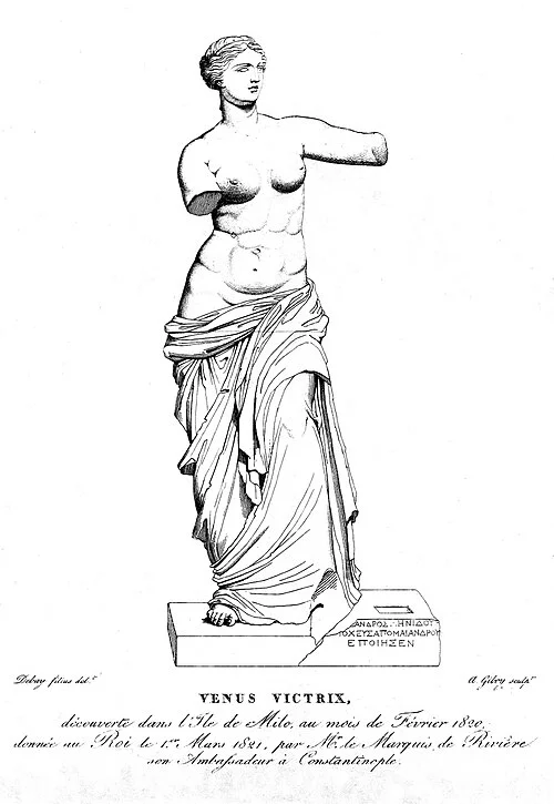 Auguste Debay's 1820 drawing of the Venus de Milo with the inscribed plinth, the only surviving record of the sculptor's inscription