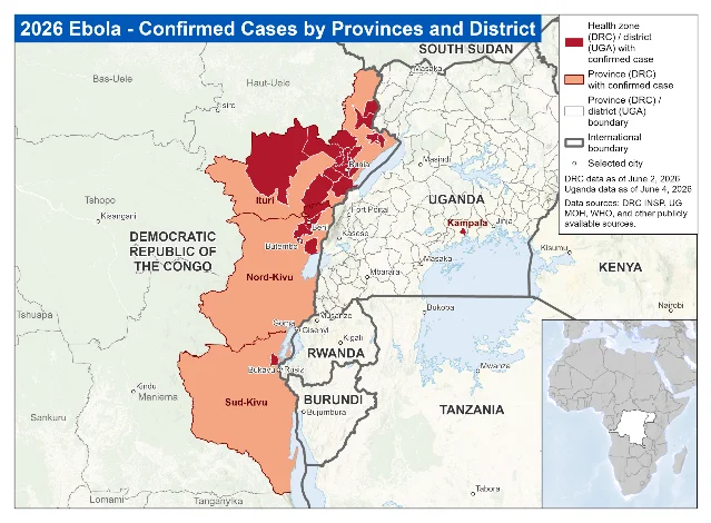 CDC map of Ebola-affected areas in DRC and Uganda, 2026