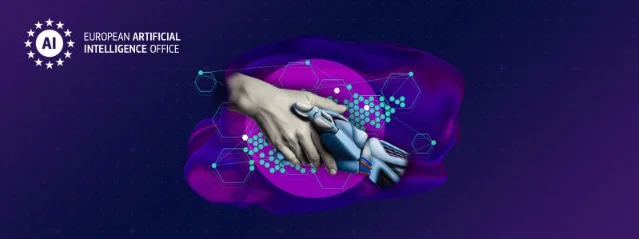 European AI Office banner showing a human hand and a robotic hand clasped together, with the EU AI Office logo on a purple and dark blue background