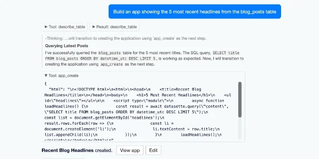 Datasette Apps interface showing an AI-assisted conversation generating a custom HTML application, with the generated code visible in an editor panel