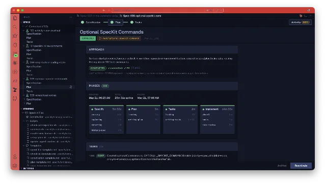 SpecKit Companion Activity panel showing the Phases timeline for spec 098-optional-speckit-commands, with Specify, Plan, Tasks, and Implement phases each broken down by substep and duration