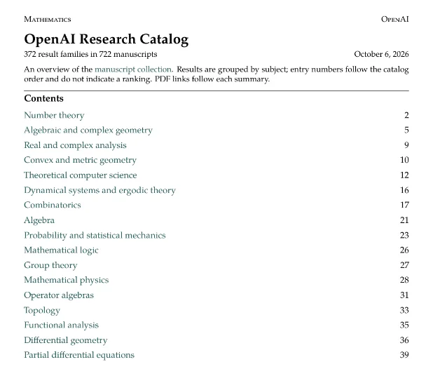 OpenAI Research Catalog 第 1 页:标题写明 372 result families in 722 manuscripts,下方按学科列出 17 行目录