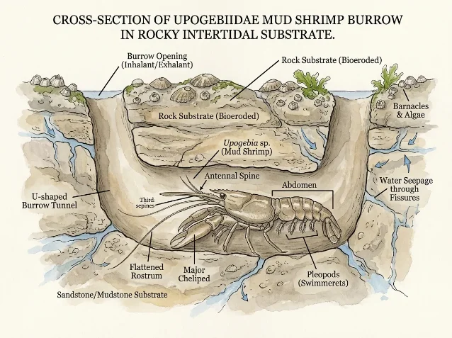 Cross-section diagram of a Upogebiidae mud shrimp burrow in rocky intertidal substrate, showing the U-shaped tunnel, the shrimp inside with labeled anatomy including rostrum, chelipeds, pleopods, and the antennal spine, surrounded by barnacles and algae at the surface