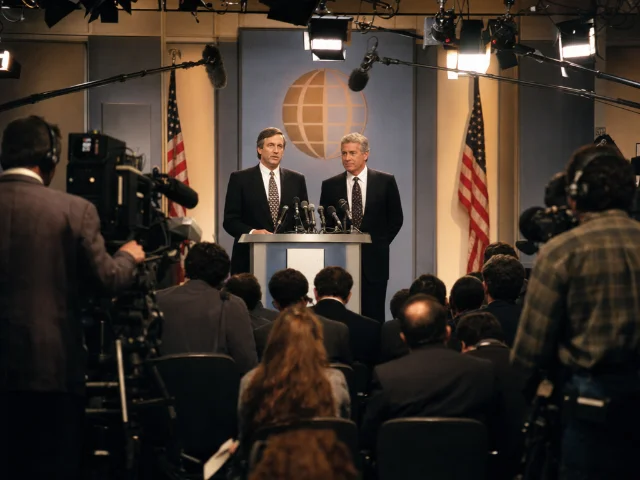 A 1995 media company press conference, the format in which Time Warner and Turner Broadcasting jointly announced their $7.5 billion all-stock merger on September 22, 1995