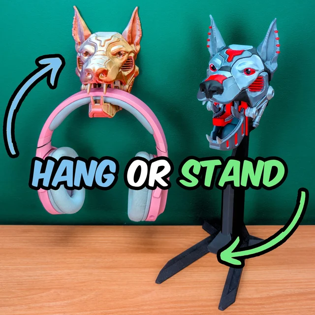Cyber Dog in two colorways — wall-mounted version and desktop stand version side by side