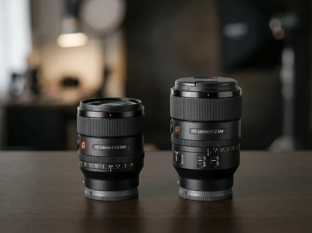 Two Sony FE G Master prime lenses side by side — the FE 24mm f/1.4 GM on the left