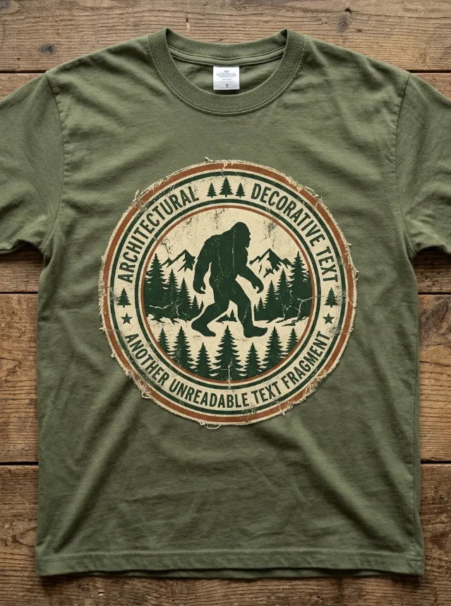 AI-generated concept: Cryptid Culture tee — Bigfoot circular badge in olive green, retro patch aesthetic, forest and mountain background