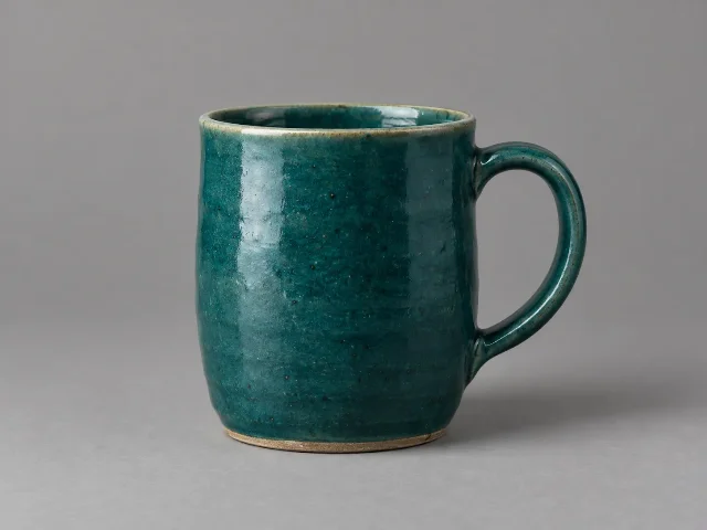 A studio product render of a teal ceramic mug on a gray sweep, the color written as a name only