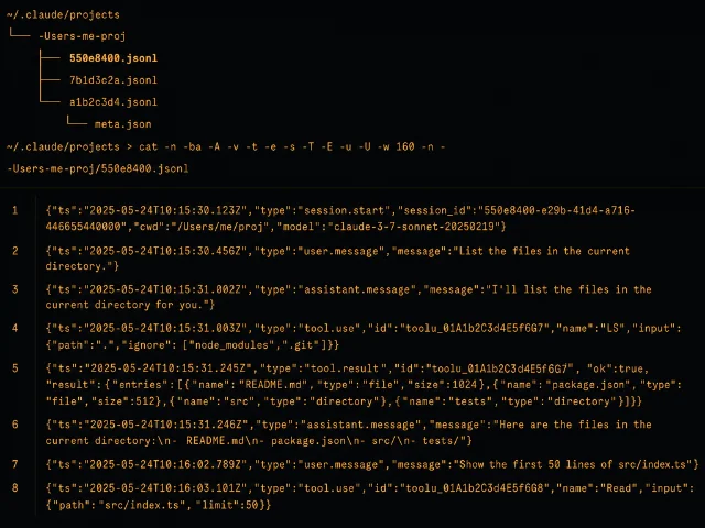 session JSONL 文件路径结构与存储内容示意