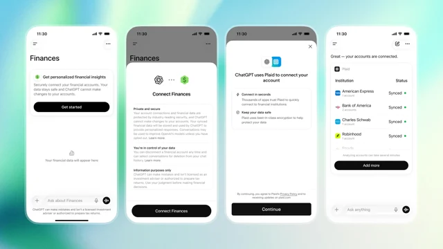 OpenAI 官方发布的账户连接四步流程截图:从 Finances 入口到完成 Plaid 账户连接