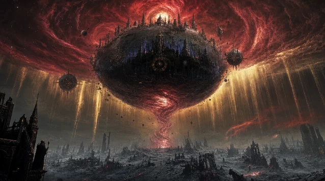 Sortiarius, the Planet of Sorcerers, hanging in orbit above the ash-covered ruins of Prospero, connected by a massive Warp vortex