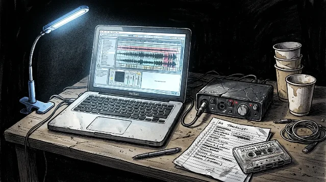 A late-night desk illustration — laptop open showing a DAW with waveforms, cracked audio interface plugged in beside it, handwritten tracklist sheet, cassette tape, and stacked paper coffee cups, under a harsh LED lamp, darkness surrounding