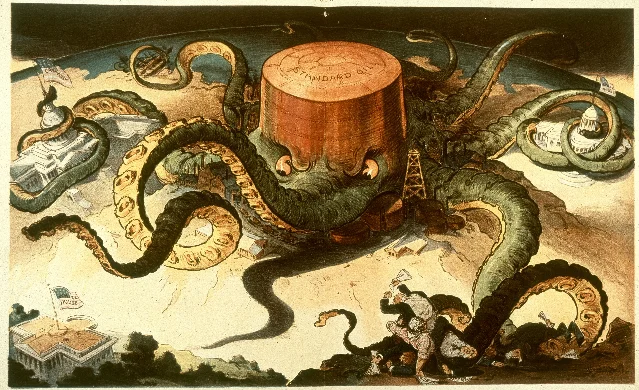 Udo Keppler's 1904 Puck cartoon depicting Standard Oil as an octopus strangling Congress and American industry