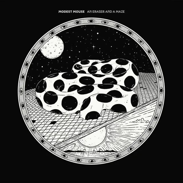 Modest Mouse — An Eraser and a Maze album cover: black and white illustration of spotted alien forms under a moon inside a porthole