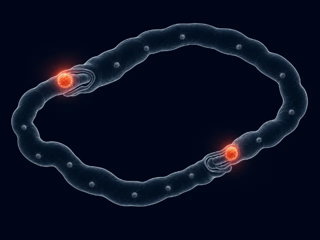 Schematic of the jejunum loop with 13 tumor nodules: 2 bright orange glowing masses at intussusception sites where the bowel telescopes inward, and 11 dim grey-blue dots scattered silently along the intestinal wall