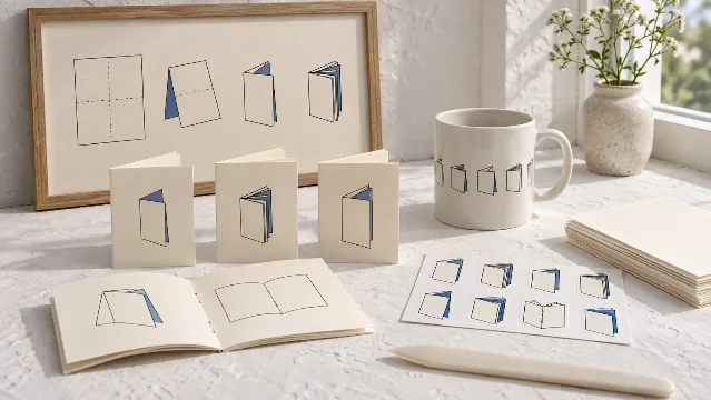 AI-generated product concept: a framed fold-diagram print, folded zines, a printed mug and a booklet sticker sheet