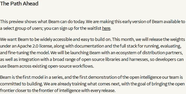 The closing section of Reflection's Beam post, headed The Path Ahead, with the sentences putting the model behind a waitlist and dating the weights to this month