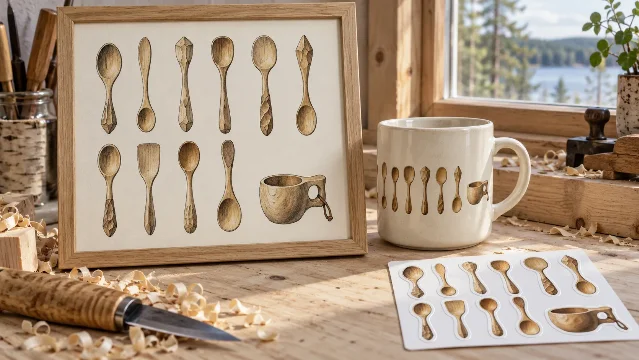 AI-generated product concept: a framed spoon specimen plate, a printed mug and a spoon sticker sheet on a pine workbench