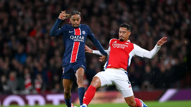 Bradley Barcola and William Saliba contest possession in a Champions League match earlier this season
