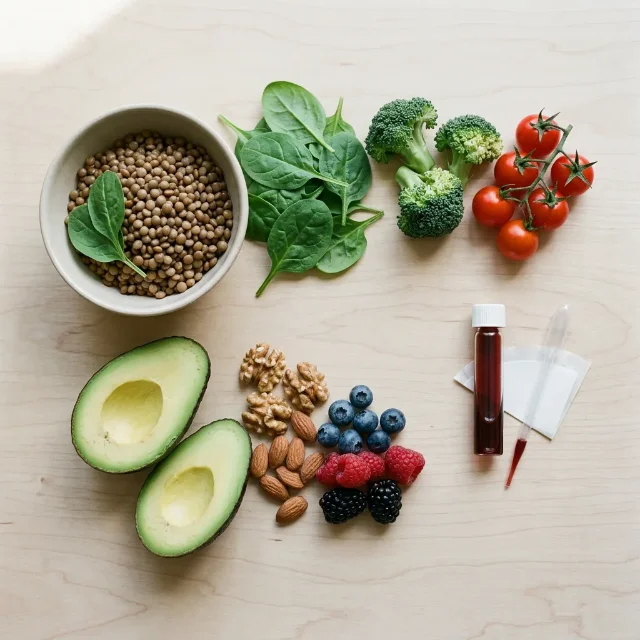 An artful arrangement of plant-based foods — lentils, spinach, tomatoes, walnuts, broccoli, avocado, berries — alongside a small laboratory vial representing a blood sample, photographed on a light surface in natural light