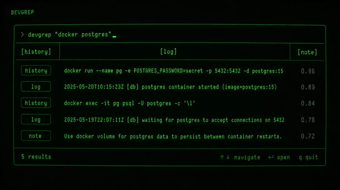 devgrep: one TUI to search shell history, logs, and notes