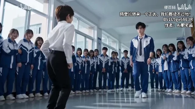 校园走廊中两名学生对峙,周围同学围观,画面文字为「隔壁班转来了个正太,我们都扭不过他!」