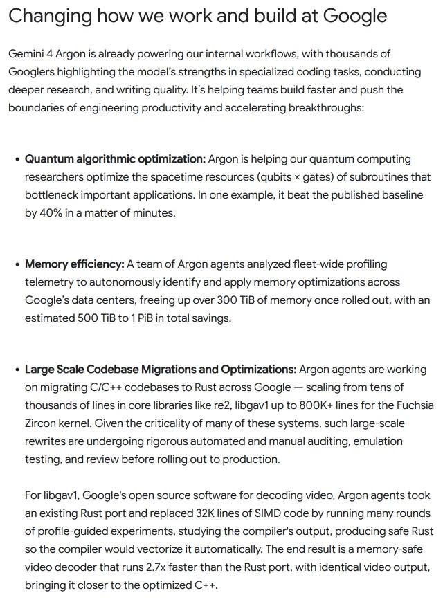 Google 官方博文里「Changing how we work and build at Google」整段截图:开头一句说 Argon 已经在驱动 Google 的内部工作流,成千上万名 Google 员工在专业编码、深度研究和写作质量上使用了它;下面三条加粗小标题依次是 Quantum algorithmic optimization、Memory efficiency、Large Scale Codebase Migrations and Optimizations,再接一段单独讲 libgav1