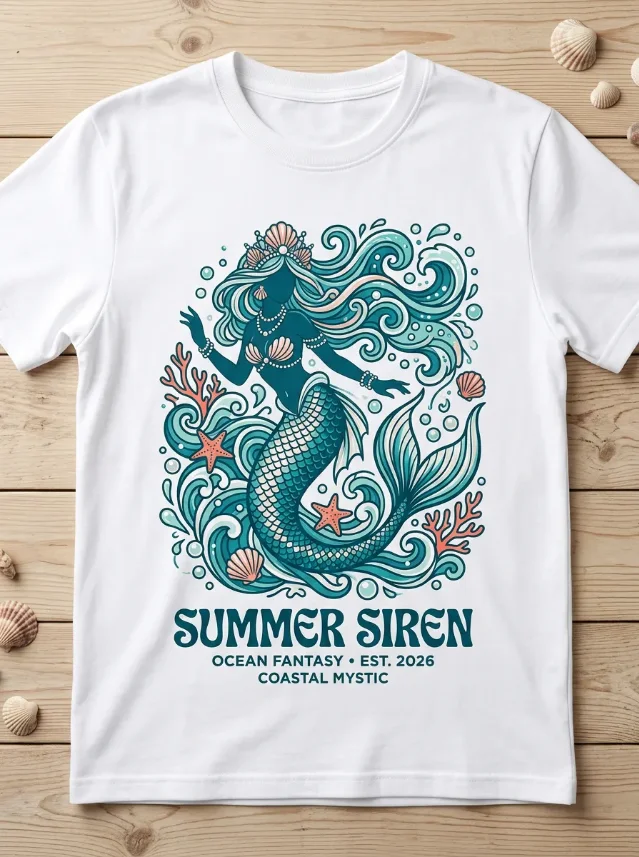 AI-generated design concept: Summer Siren mermaid aesthetic t-shirt — ocean teal and coral siren illustration, white tee mockup, coastal fantasy art