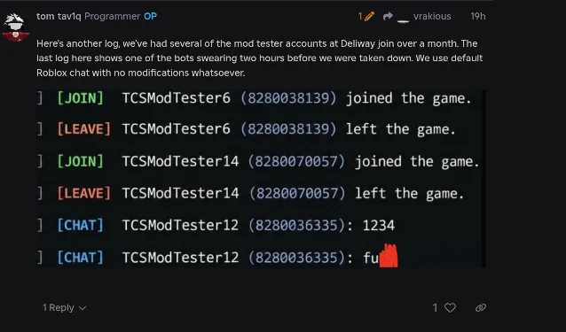 Post 130 of the TextChatService takedown thread, showing a join, leave and chat log of three TCSModTester accounts