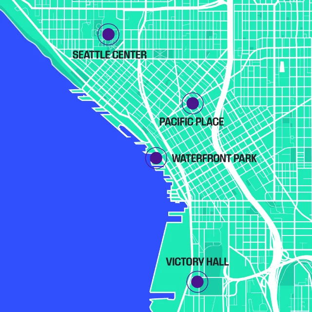 Map of Seattle fan celebration locations from Seattle Center to Victory Hall