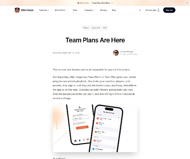 The Elite Hoops announcement page for Team Plans, dated September 16, 2026, showing the invite mechanic and a product screenshot of a shared team roster with coaches, players, and parents