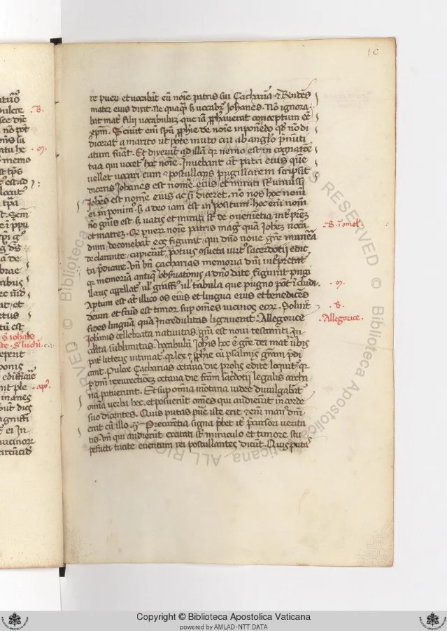 Folio 10r of MS Ott.lat.2353 — Gothic textualis script with red marginal annotations including "S. Johans," "S. Luchi," and "Allegorice," showing the systematic patristic commentary structure built into the manuscript margins