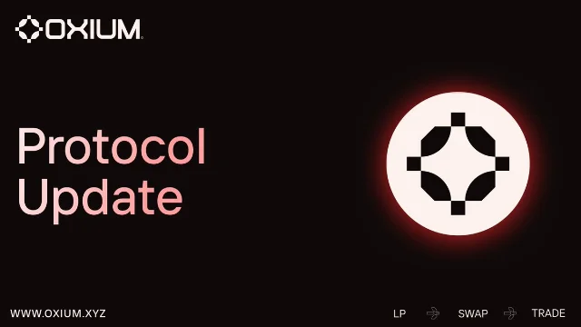 Oxium protocol update banner with logo and red circular brand mark