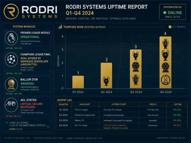 RODRI SYSTEMS UPTIME REPORT Q1-Q4 2024 — a satirical corporate dashboard showing trophy output modules and ACL critical failure recovery