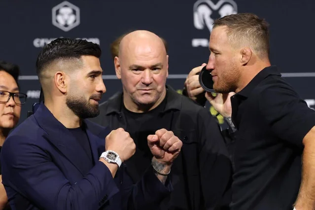 Ilia Topuria and Justin Gaethje square off at the UFC Freedom 250 press conference in Newark, NJ