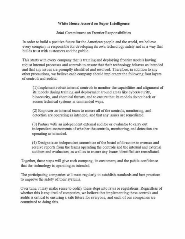 A scan of the first page of the signed White House Accord on Super Intelligence, showing four numbered commitments and a final paragraph beginning Over time, it may make sense to codify these steps into laws or regulations