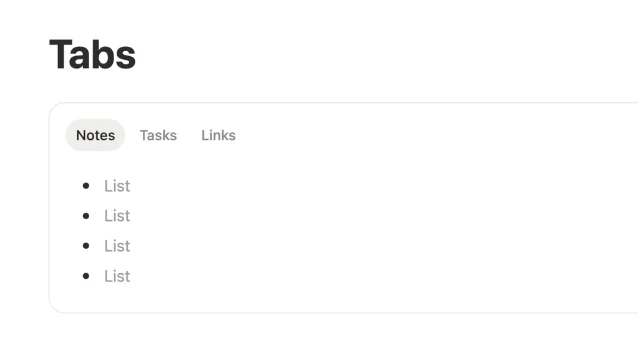 A three-tab Notion page with tabs labeled Notes, Tasks, and Links — a minimal note-taking workspace