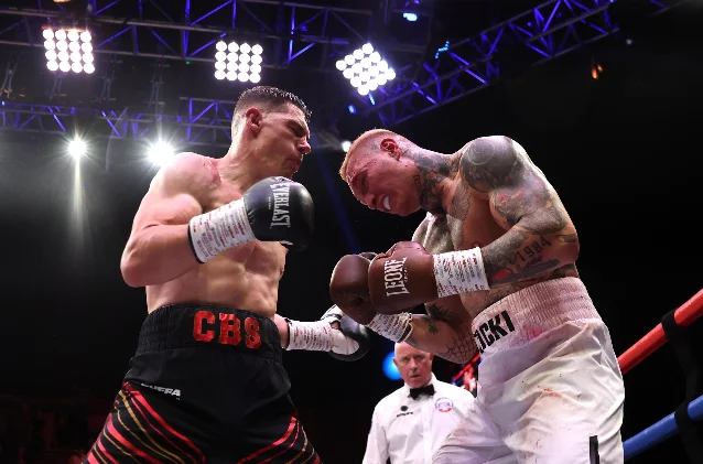 Chris Billam-Smith (CBS, left) in close-range combat with Ryan Rozicki at Zuffa Boxing 07