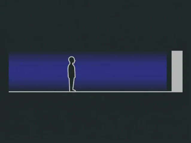 A minimal silver silhouette standing on a horizon line, facing a distant silver threshold against deep indigo uncertainty, dark charcoal background