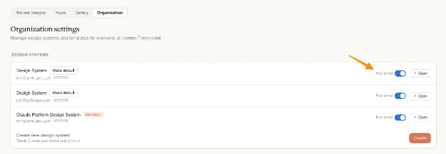 Claude Design organization settings for design systems