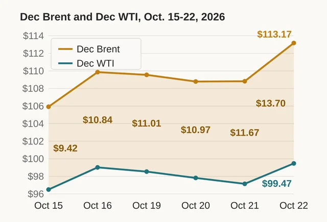 Line chart of December Brent and December WTI crude futures settlements from October 15 to October 22, 2026, with the gap between the two shaded and labelled at each session