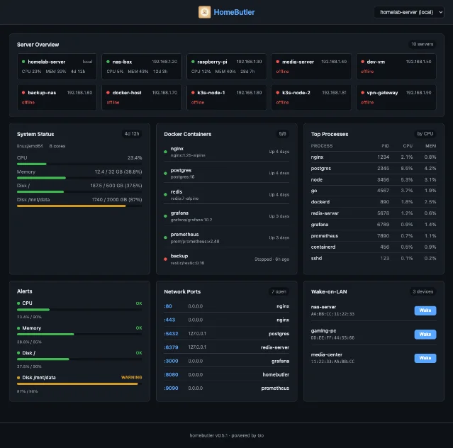 HomeButler web dashboard showing 10 servers, container status, top processes, open ports, and alerts