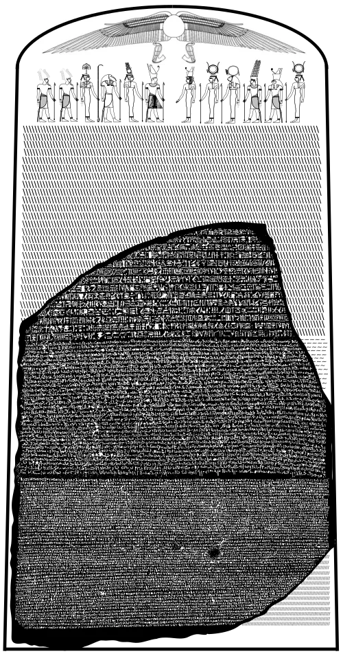 Diagram showing the Rosetta Stone fragment set against a reconstruction of the complete original stele, with the missing top section and winged sun-disk visible