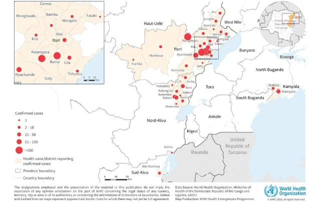 WHO DON608 map of confirmed Bundibugyo ebolavirus cases by health zone in Ituri, Nord-Kivu, and Sud-Kivu provinces, DRC and Uganda