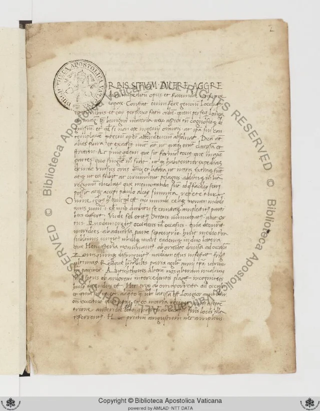 Folio 1r of Ott.lat.2848, showing the opening of Pomponius Mela's De Chorographia in late-15th-century humanistic script, with no title or decorated initial