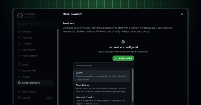 GitHub Copilot settings showing the Model providers page with OpenAI selected