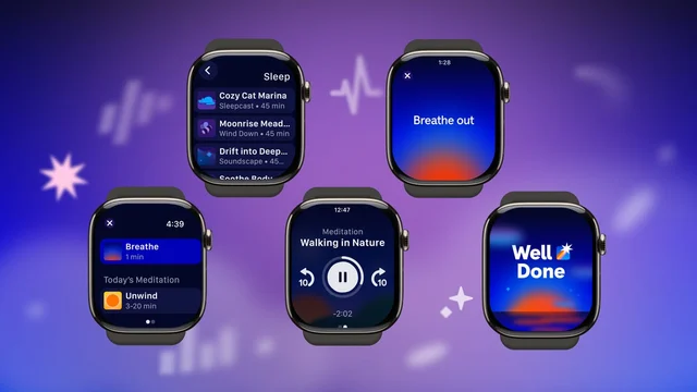 Headspace Apple Watch app screens showing breathing exercise, meditation menu, and sleep features