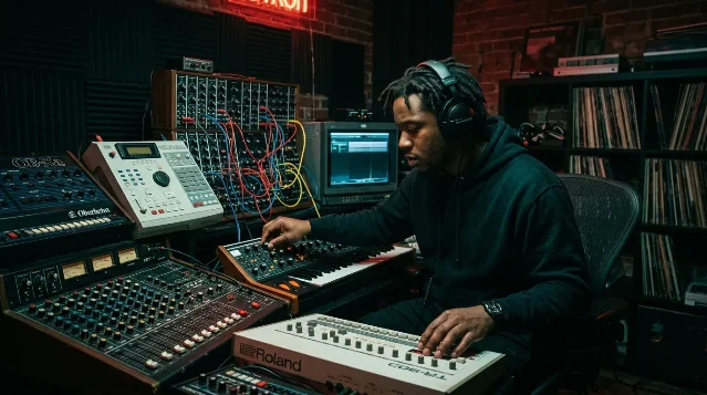A Black producer in a dark studio, headphones on, hands on synths and drum machines, brick wall behind with a glowing DETROIT neon sign, patch cables and a Roland keyboard in frame