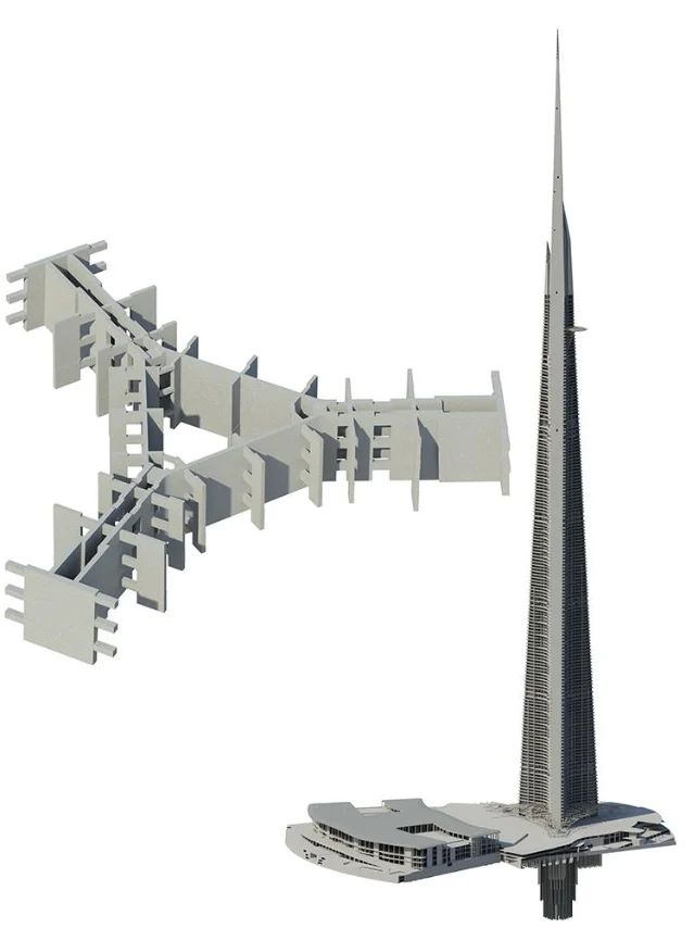 Thornton Tomasetti structural model of Jeddah Tower — three buttressed wings radiating from a central hexagonal core