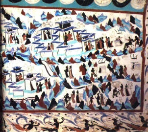 第 423 窟须达拏太子本生局部，山石和建筑把多个情节接在同一画面内 